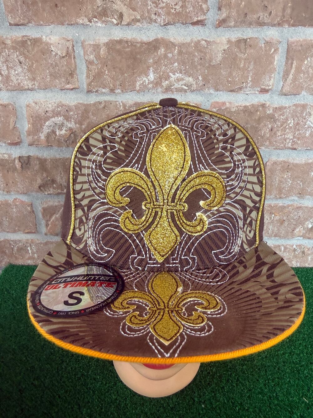 Fleur De Lis Hat Fitted Brown Gold Flat Bill Ornate Scrollwork Emblem Flaw Cajun